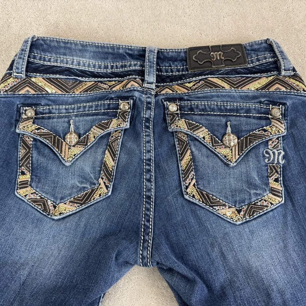 Miss Me Mid Rise Slim Boot Cut Denim Jeans Embellished Whiskered Size 27